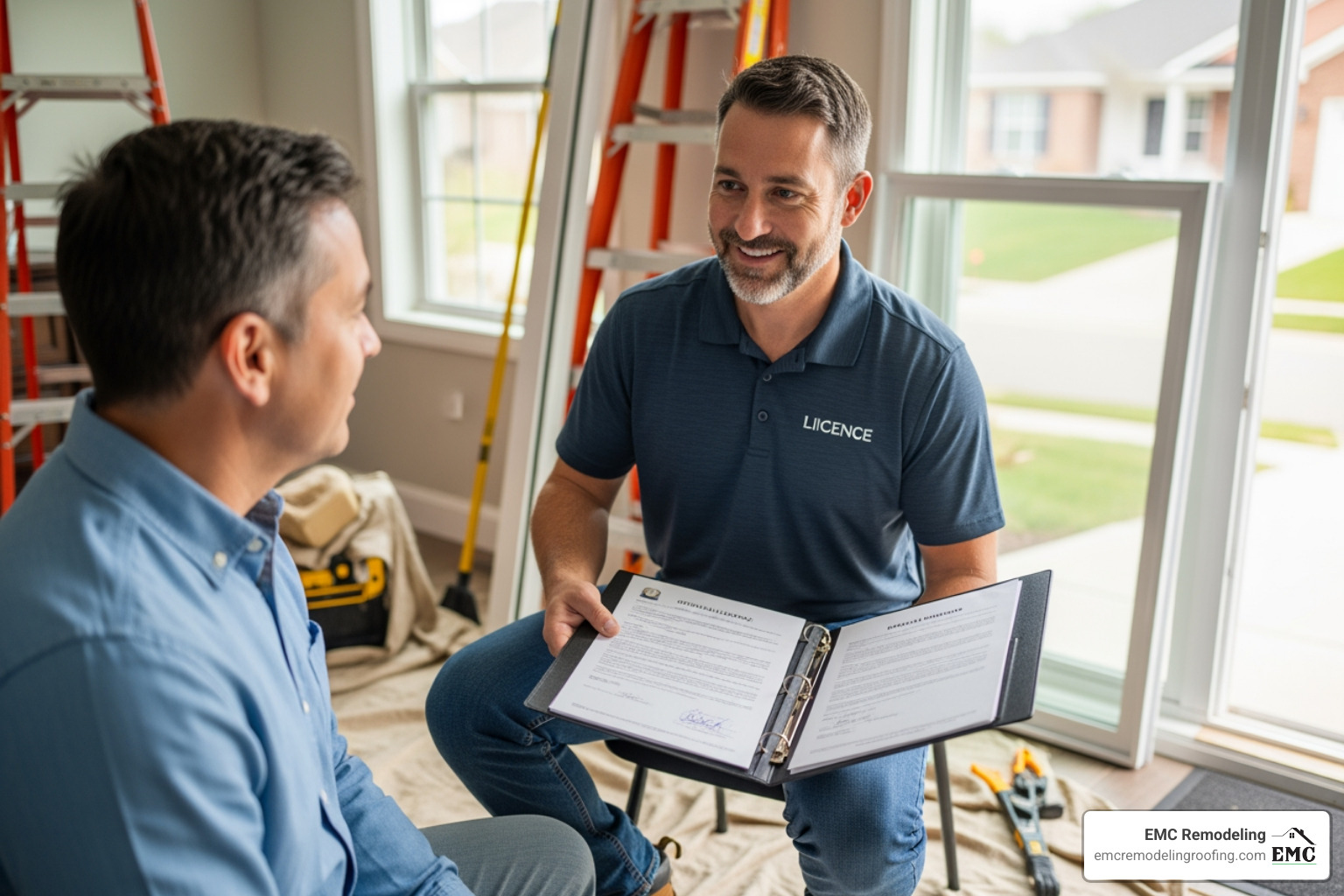 A friendly, professional contractor presents their official license and insurance documents to a homeowner, building trust and transparency before starting a window replacement project - replacement windows pflugerville A friendly, professional contractor presents their official license and insurance documents to a homeowner, building trust and transparency before starting a window replacement project - replacement windows pflugerville