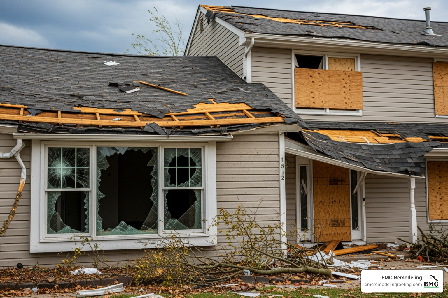 home exterior showing both roof and window damage from a storm - window installation in temple texas home exterior showing both roof and window damage from a storm - window installation in temple texas