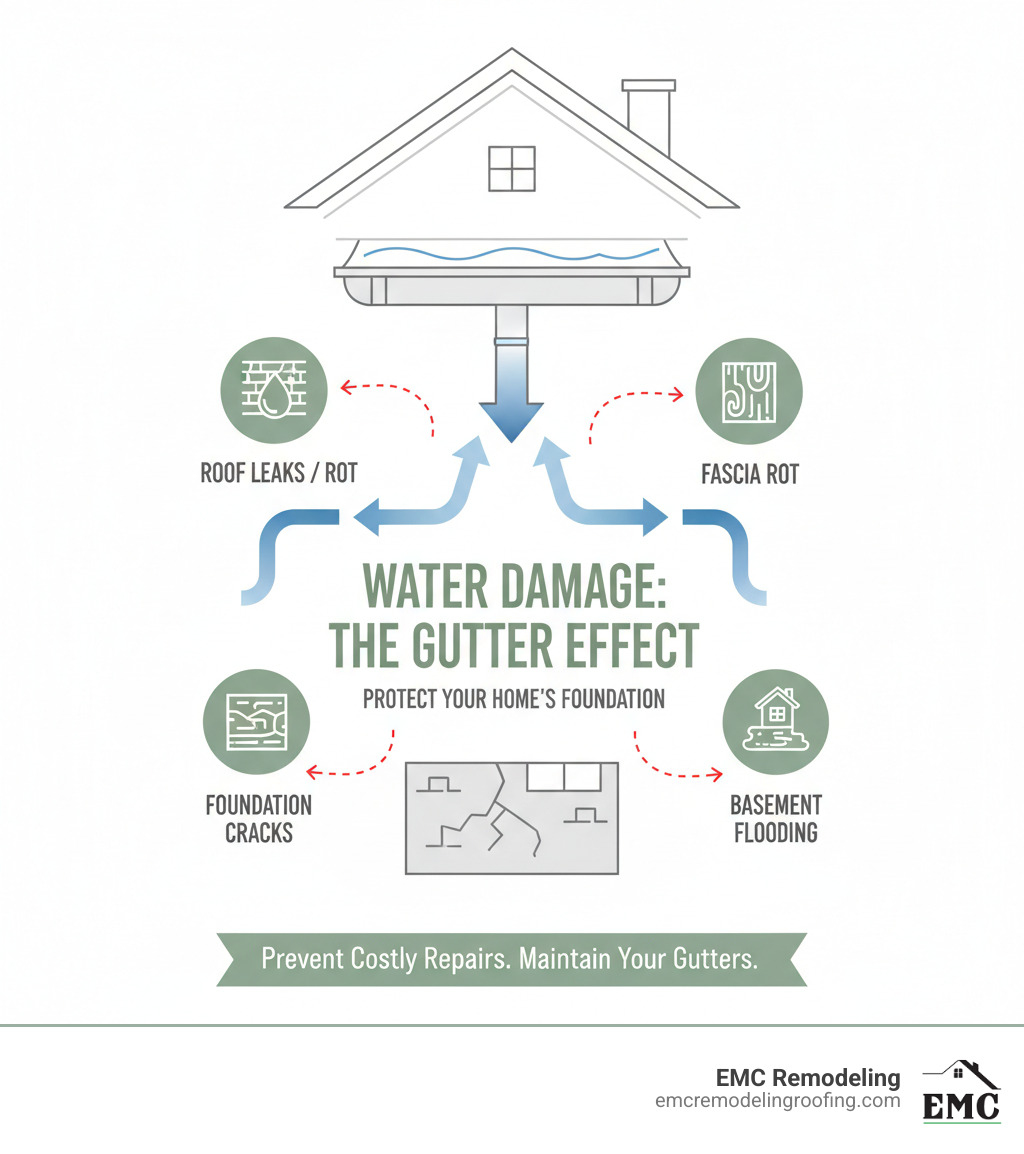 infographic showing how water flows from roof to gutters to downspouts and away from foundation, with arrows indicating damage points when gutters fail including roof leaks, fascia rot, foundation cracks, and basement flooding - gutter repair near me infographic 