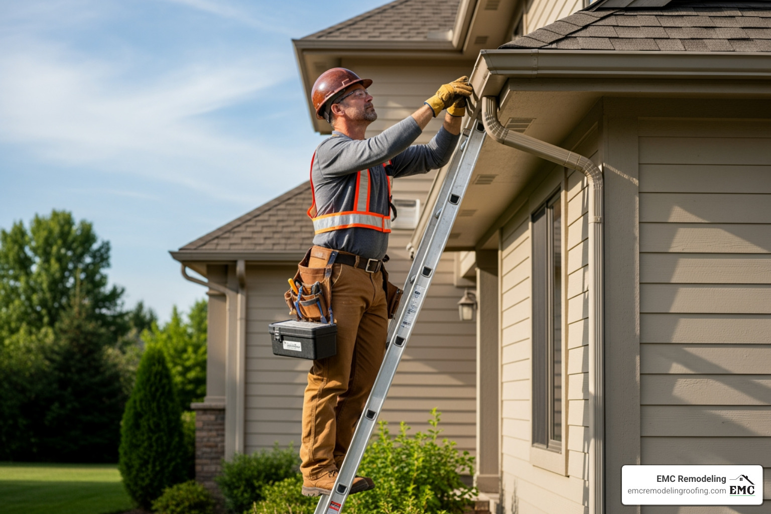 professional contractor inspecting gutter system - gutter repair near me