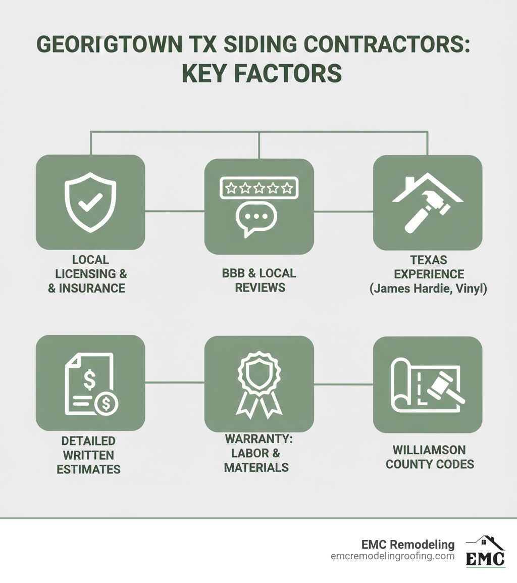 Infographic showing the key factors when hiring siding contractors in Georgetown TX: verify local licensing and insurance, check BBB ratings and local reviews, confirm experience with Texas climate materials like James Hardie and vinyl, request detailed written estimates with material breakdowns, ensure warranty coverage on both labor and materials, verify knowledge of Williamson County building codes - siding contractors georgetown TX infographic 