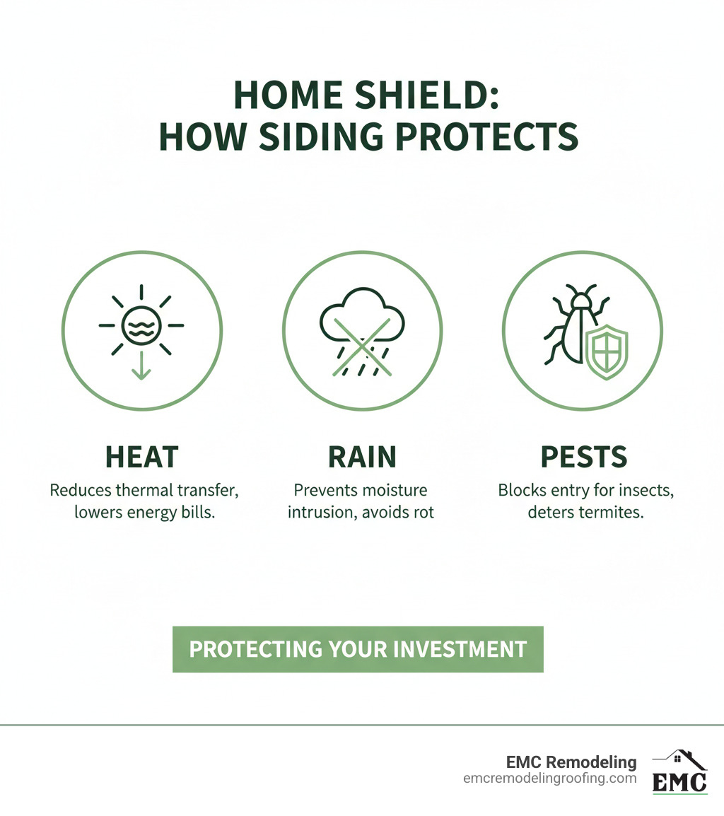 Infographic illustrating how siding shields homes from heat, rain, and pests - siding contractors georgetown TX infographic
