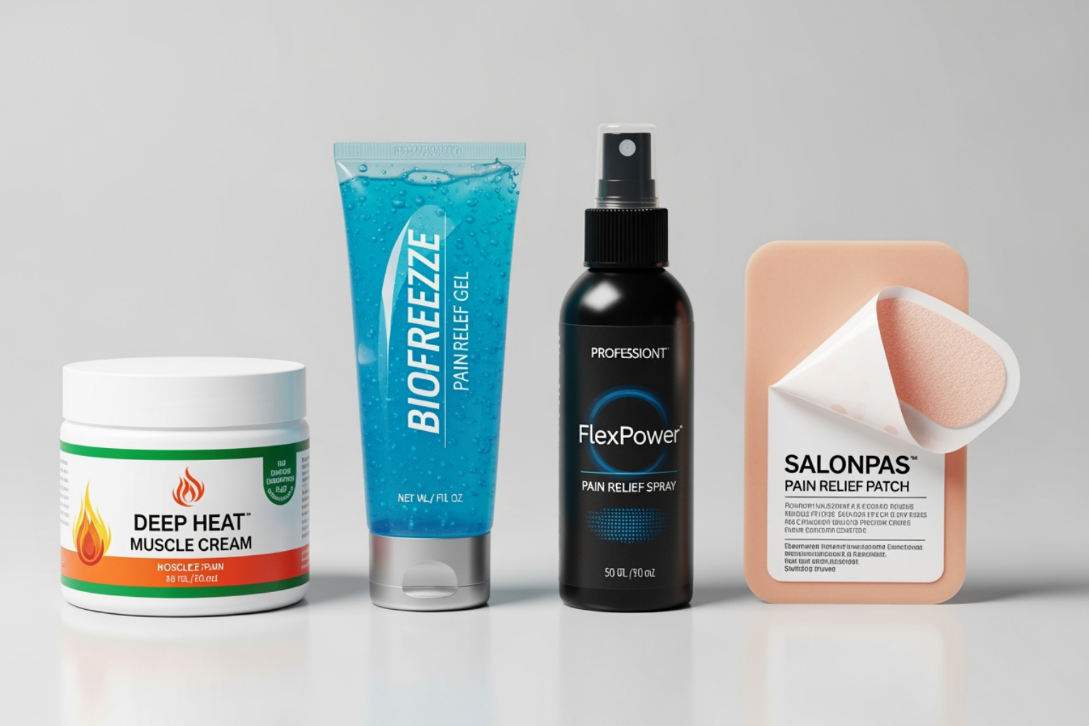four different formats of muscle pain relief products: cream, gel, spray, and patch - muscle cream for pain four different formats of muscle pain relief products: cream, gel, spray, and patch - muscle cream for pain