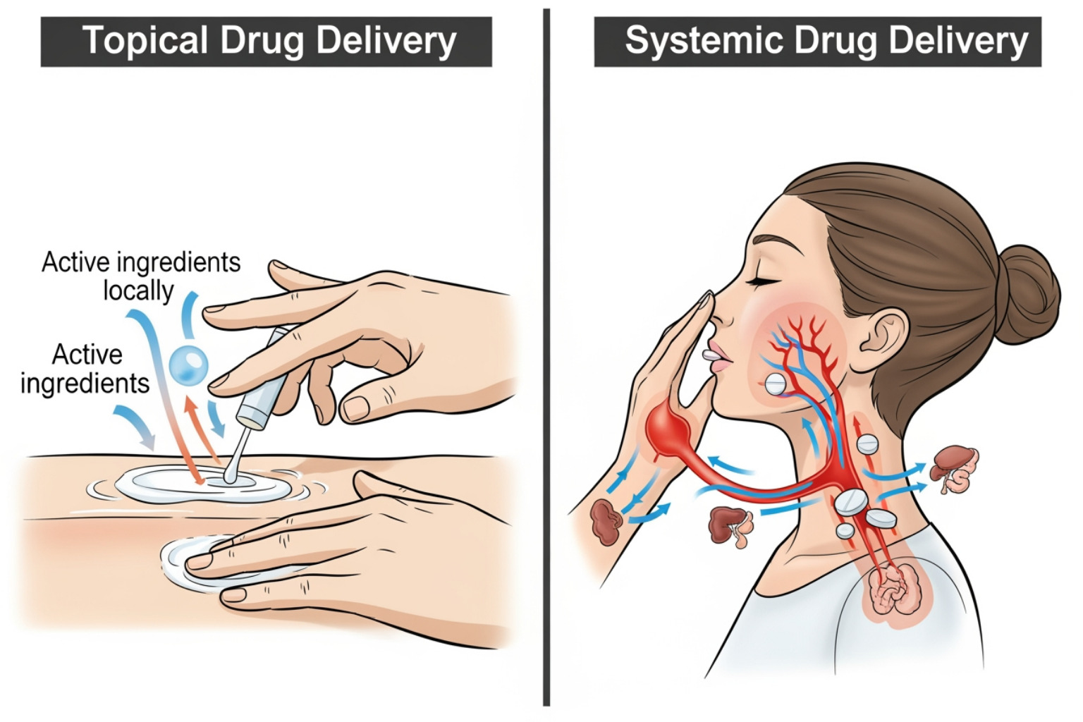 diagram comparing the localized effect of a topical cream to the systemic effect of an oral pill - muscle ache relief cream diagram comparing the localized effect of a topical cream to the systemic effect of an oral pill - muscle ache relief cream