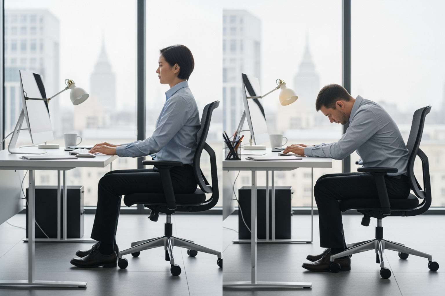 Correct vs incorrect sitting posture in an office chair - back muscles hurt Correct vs incorrect sitting posture in an office chair - back muscles hurt