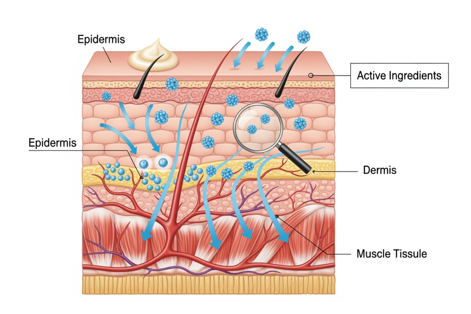 diagram showing a cream penetrating the skin to reach a muscle - best cream for muscle pain