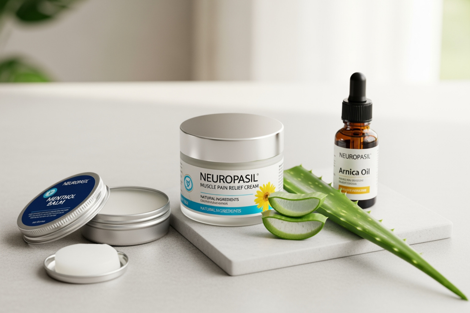 Neuropasil and other natural, non-competing recommended products arranged together - best cream for muscle pain