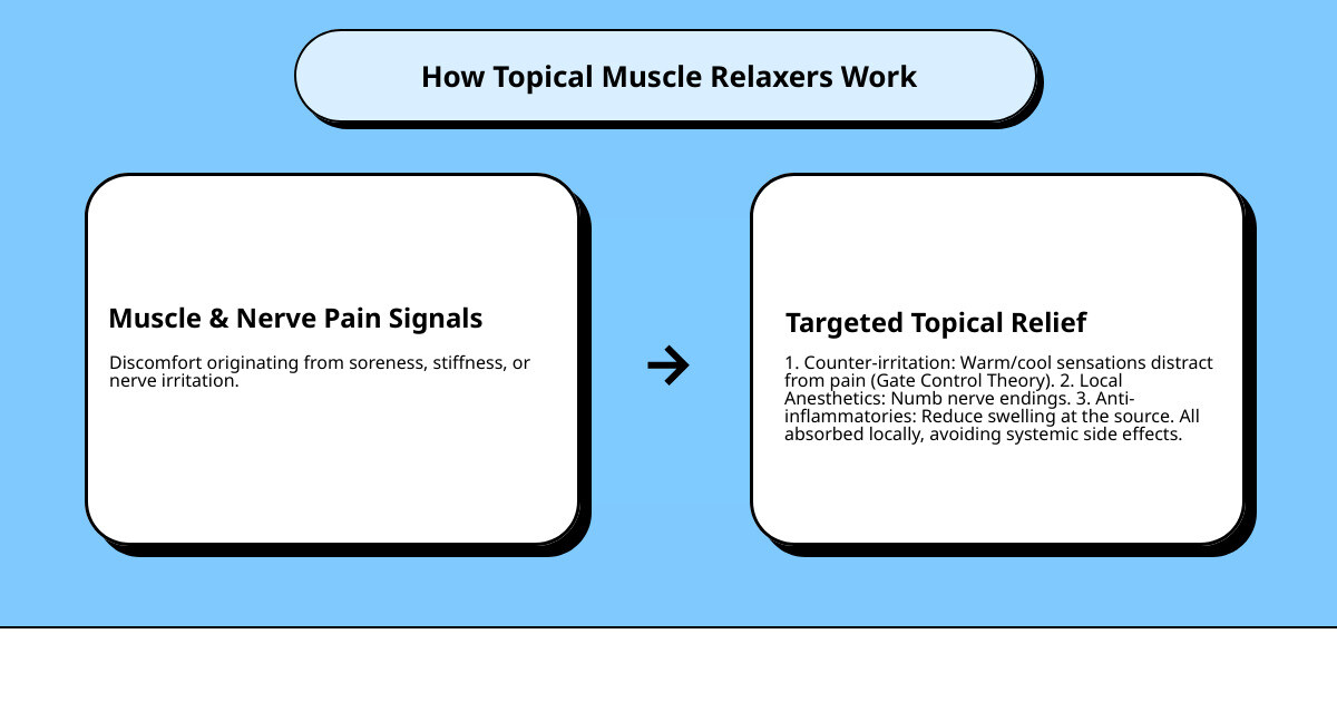 infographic showing how topical muscle relaxers work through three mechanisms: counter-irritation creating temperature sensations that block pain signals via gate control theory, local anesthetics numbing nerve endings, and anti-inflammatory agents reducing prostaglandins at the site of inflammation, with arrows showing localized absorption through skin layers versus systemic distribution of oral medications - muscle relaxers ointment infographic cause_effect_text infographic showing how topical muscle relaxers work through three mechanisms: counter-irritation creating temperature sensations that block pain signals via gate control theory, local anesthetics numbing nerve endings, and anti-inflammatory agents reducing prostaglandins at the site of inflammation, with arrows showing localized absorption through skin layers versus systemic distribution of oral medications - muscle relaxers ointment infographic cause_effect_text