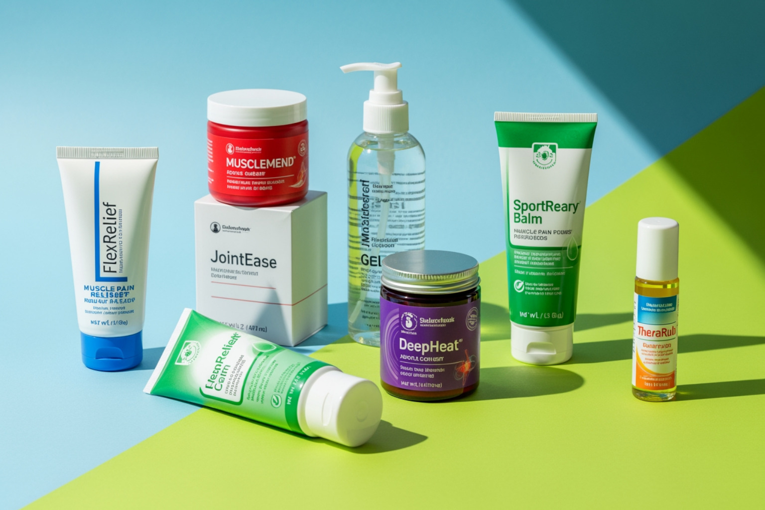 six muscle pain relief products arranged together - muscle relaxers ointment six muscle pain relief products arranged together - muscle relaxers ointment
