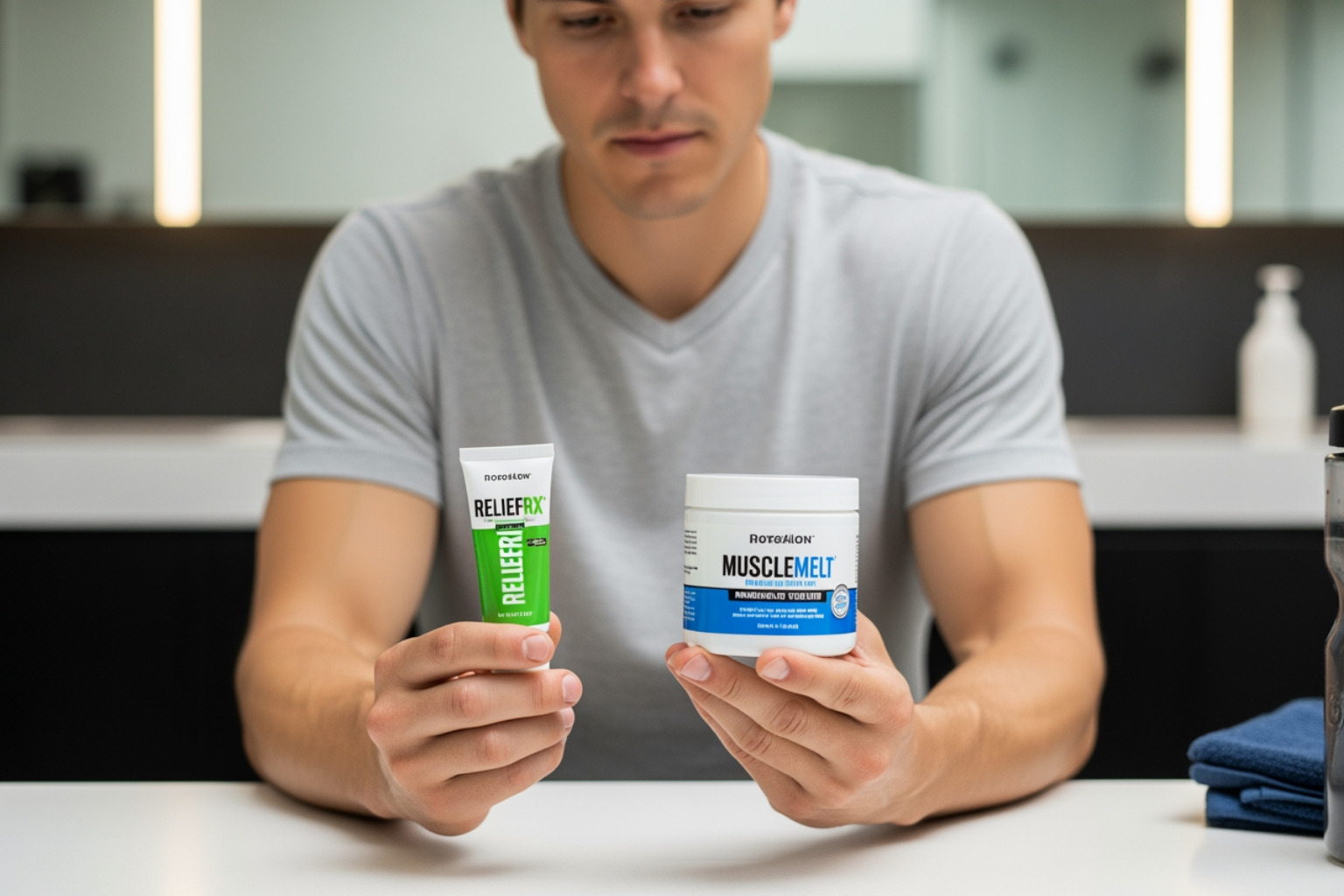 person comparing two different muscle cream products - muscle relaxers ointment person comparing two different muscle cream products - muscle relaxers ointment