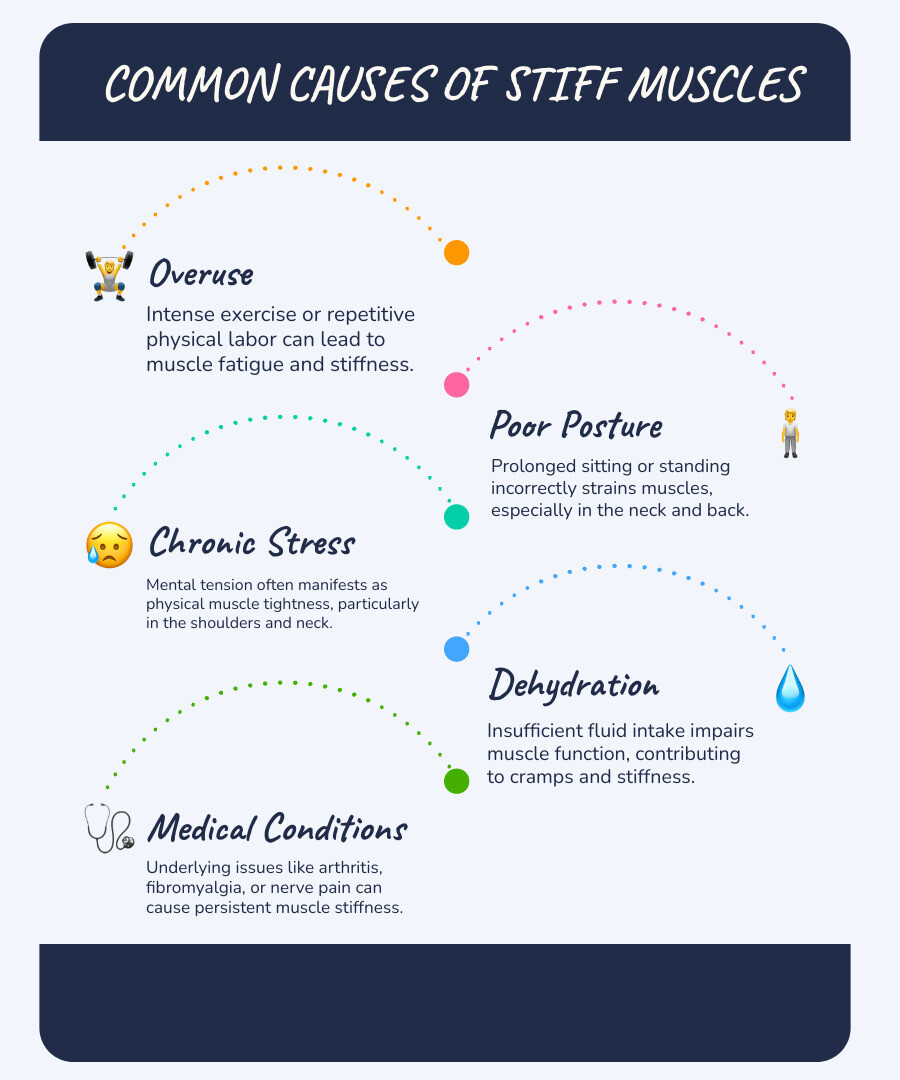 infographic showing common causes of stiff muscles including overuse from exercise or physical labor, poor posture from prolonged sitting or standing, chronic stress leading to muscle tension in neck and shoulders, dehydration affecting muscle function, and underlying conditions like arthritis or nerve pain, with simple icons representing each cause - cream for stiff muscles infographic infographic-line-5-steps-blues-accent_colors infographic showing common causes of stiff muscles including overuse from exercise or physical labor, poor posture from prolonged sitting or standing, chronic stress leading to muscle tension in neck and shoulders, dehydration affecting muscle function, and underlying conditions like arthritis or nerve pain, with simple icons representing each cause - cream for stiff muscles infographic infographic-line-5-steps-blues-accent_colors