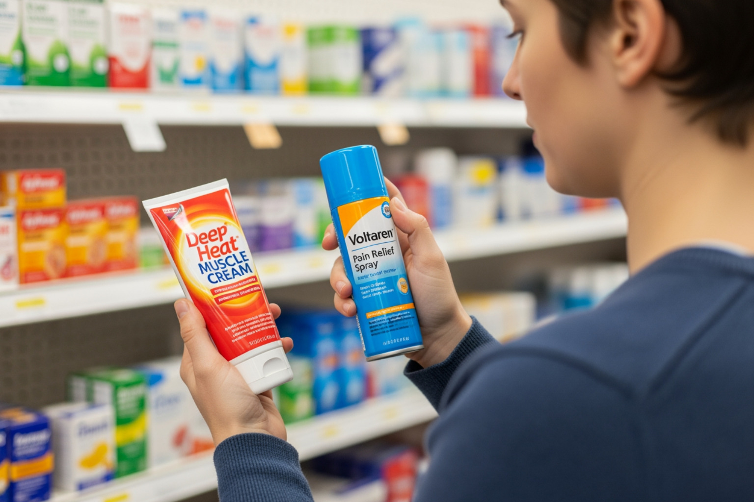person comparing two different types of muscle rubs (a cream and a spray) in a pharmacy aisle - good muscle rub