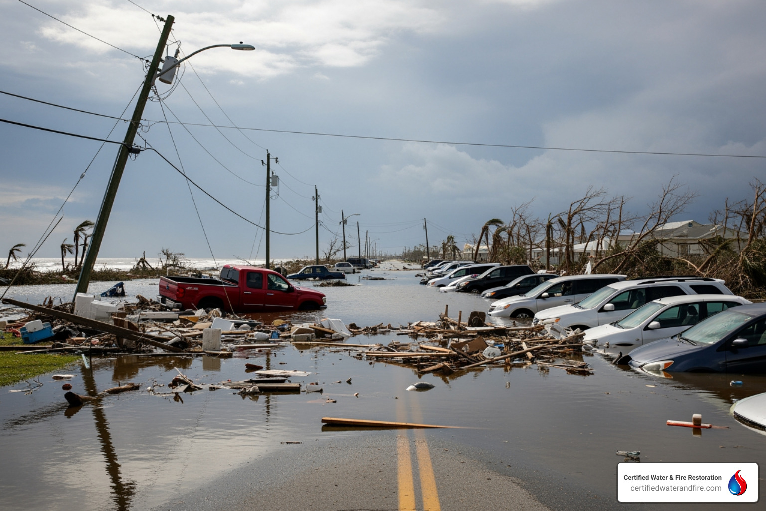 A flooded coastal street after a hurricane, with debris and submerged cars - hurricane damage