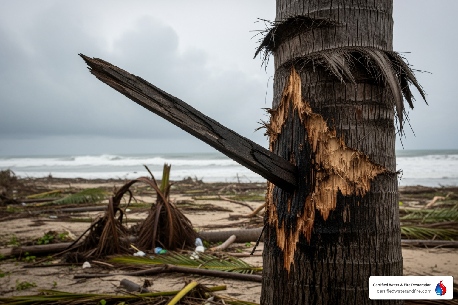 A piece of wood impaled in the trunk of a palm tree, demonstrating the force of hurricane-force winds - hurricane damage