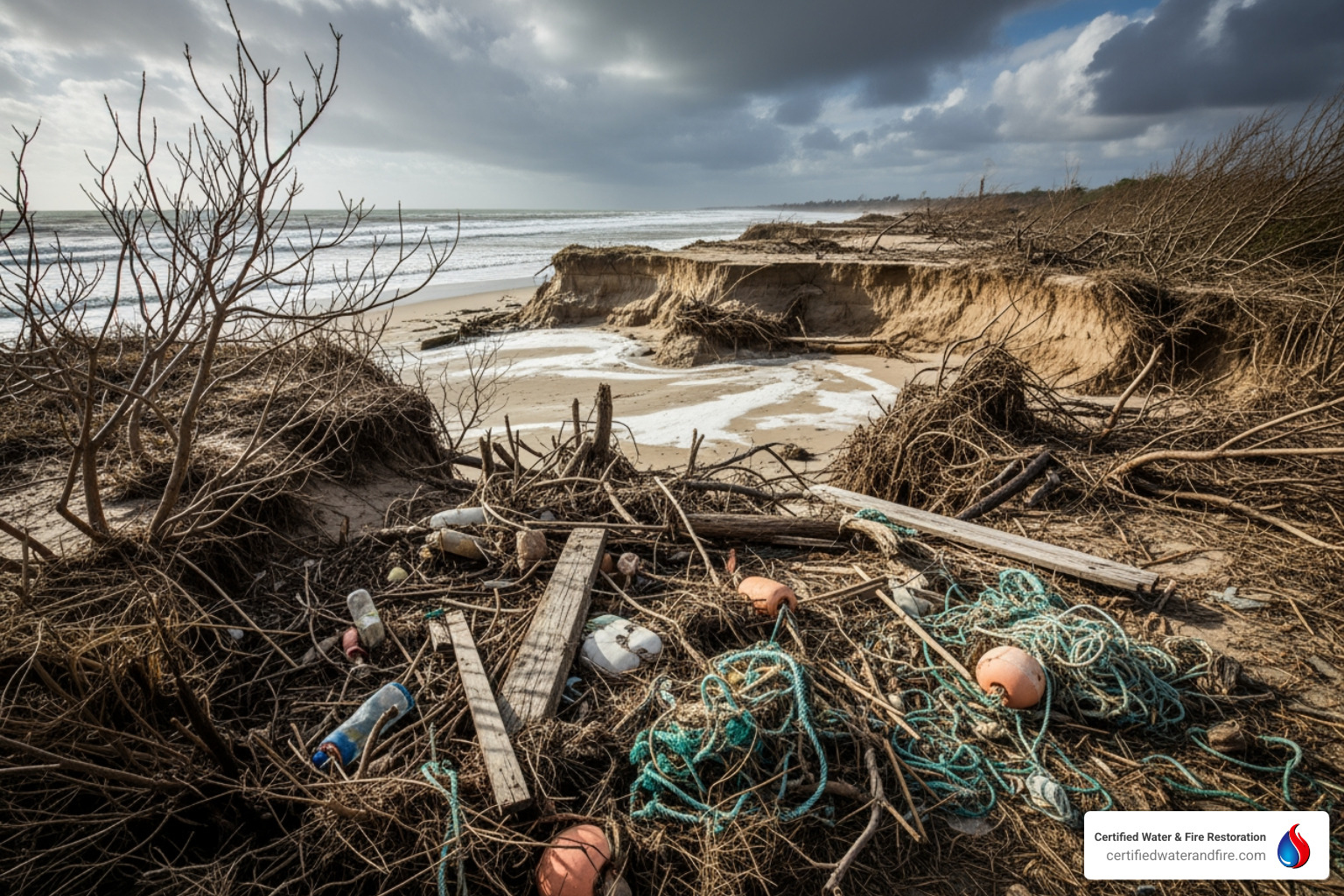 A coastal ecosystem showing signs of damage from storm surge, with dead vegetation and debris scattered - hurricane damage