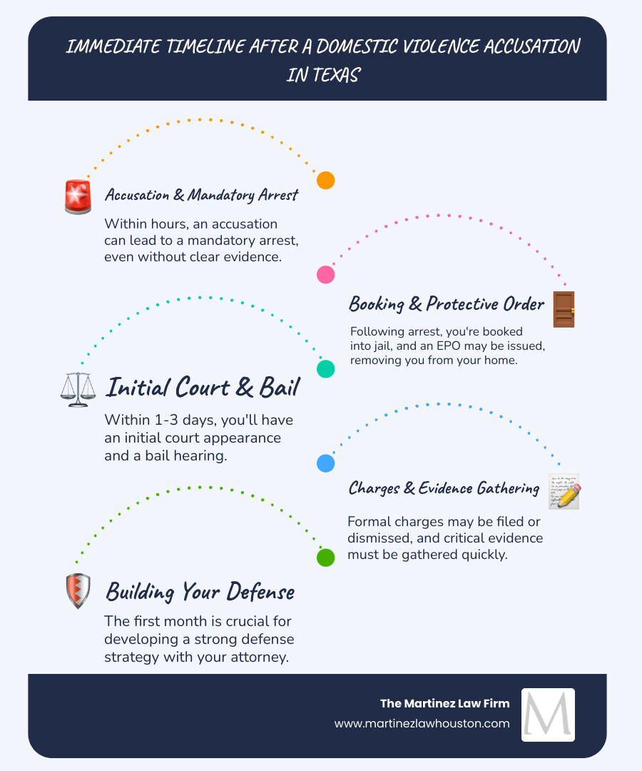Infographic showing immediate timeline after domestic violence accusation in Texas: Hour 0 - Accusation made and police called; Hour 1-2 - Mandatory arrest of alleged aggressor; Hour 2-4 - Booking and processing at Harris County jail; Hour 4-48 - Emergency Protective Order may be issued; Hour 24-72 - Initial court appearance and bail hearing; Day 3-7 - Formal charges filed or case dismissed; Week 1-2 - Critical evidence gathering period; First 30 Days - Building your defense with attorney - false domestic assault charges infographic infographic-line-5-steps-blues-accent_colors Infographic showing immediate timeline after domestic violence accusation in Texas: Hour 0 - Accusation made and police called; Hour 1-2 - Mandatory arrest of alleged aggressor; Hour 2-4 - Booking and processing at Harris County jail; Hour 4-48 - Emergency Protective Order may be issued; Hour 24-72 - Initial court appearance and bail hearing; Day 3-7 - Formal charges filed or case dismissed; Week 1-2 - Critical evidence gathering period; First 30 Days - Building your defense with attorney - false domestic assault charges infographic infographic-line-5-steps-blues-accent_colors