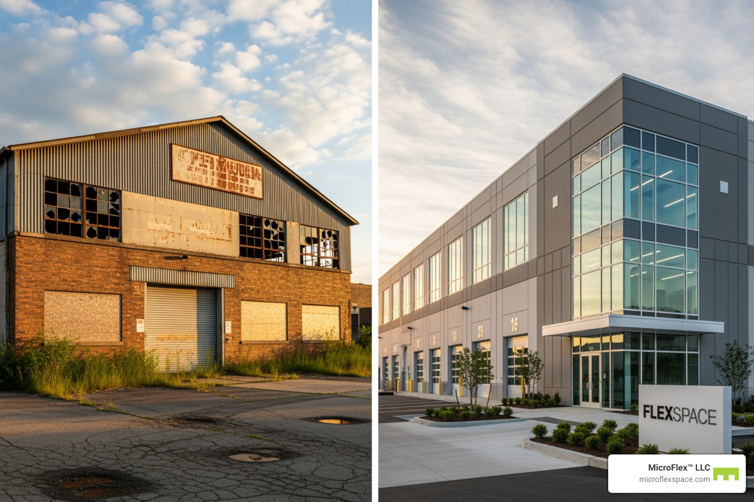 Rigid, old warehouse vs. modern, adaptable flex space - flexible lease warehouse Rigid, old warehouse vs. modern, adaptable flex space - flexible lease warehouse