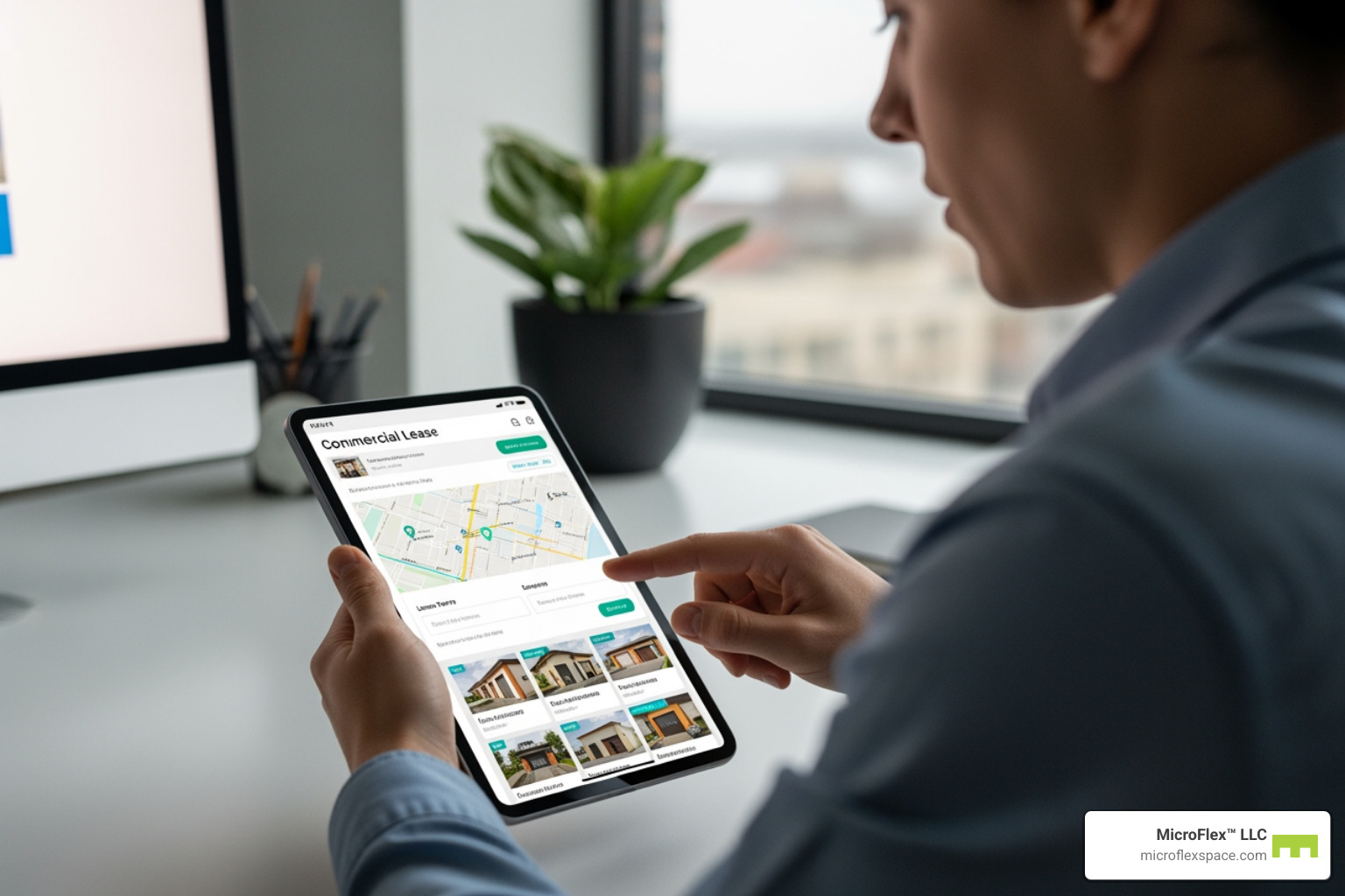 Person managing their lease or booking a space on a tablet or smartphone - flexible lease warehouse Person managing their lease or booking a space on a tablet or smartphone - flexible lease warehouse