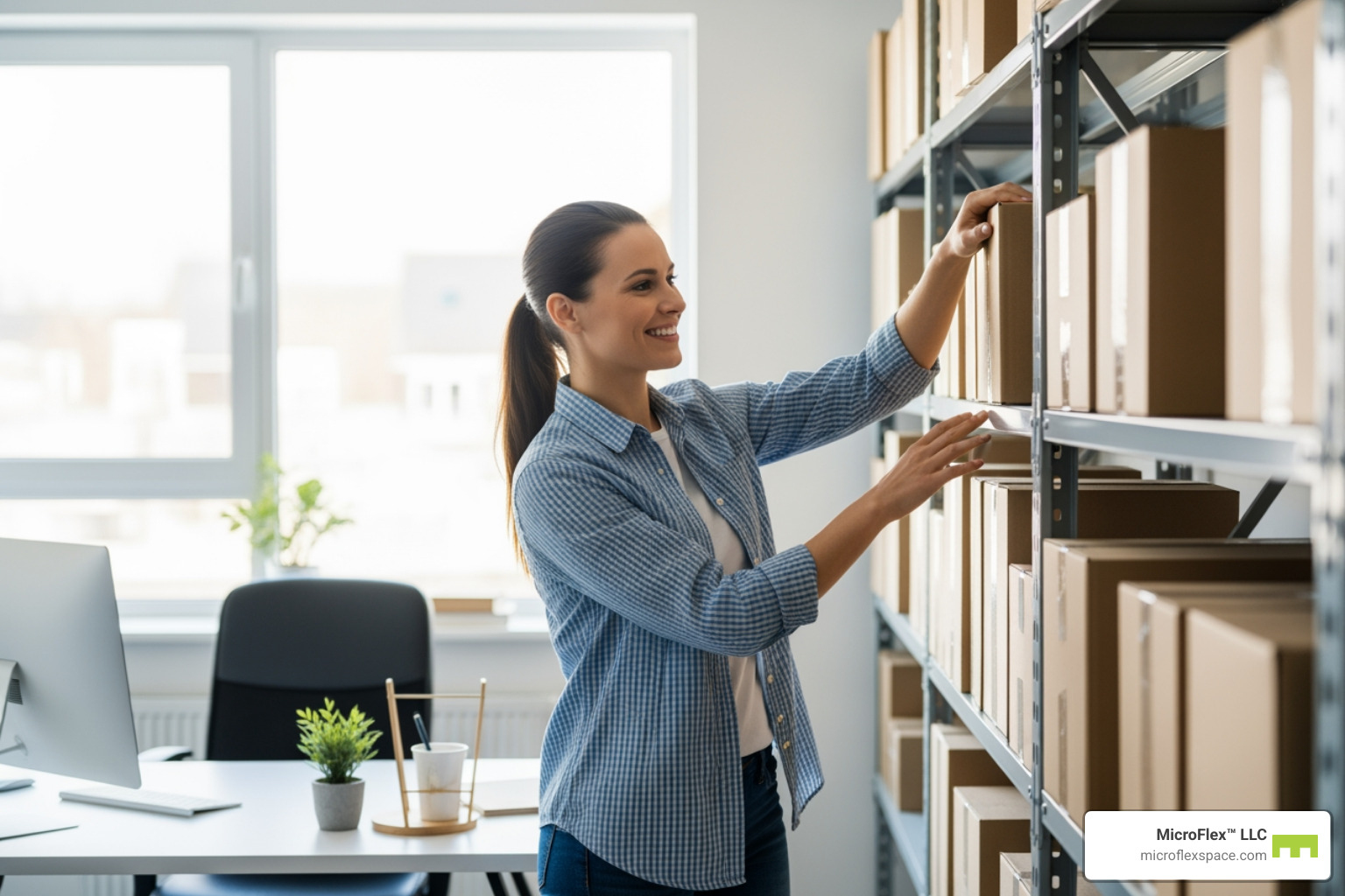 Small business owner happily organizing inventory in a combined office/warehouse space - flexible lease warehouse Small business owner happily organizing inventory in a combined office/warehouse space - flexible lease warehouse