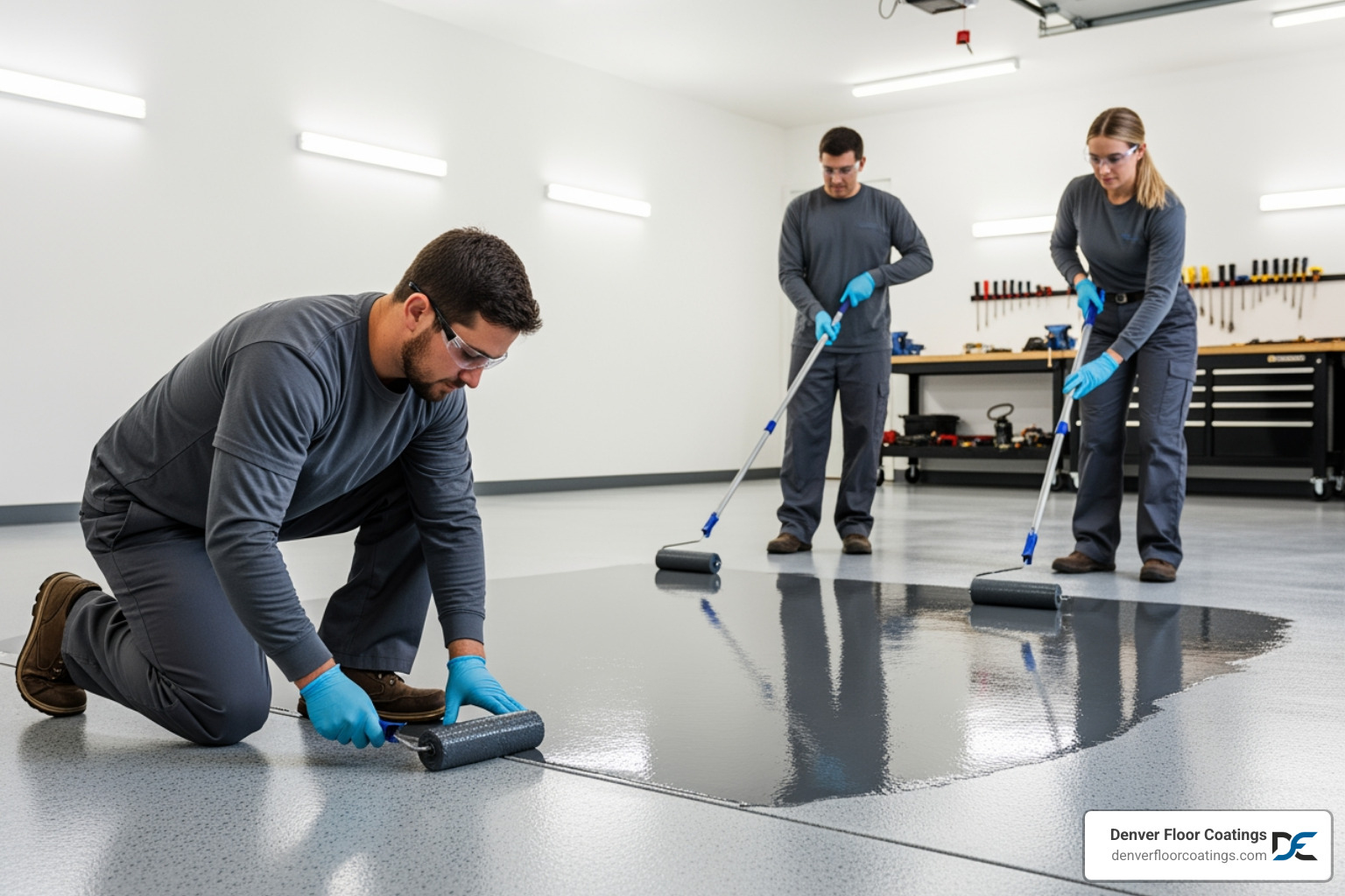 professional team in uniform applying a topcoat to a garage floor - garage epoxy floor coatings denver co professional team in uniform applying a topcoat to a garage floor - garage epoxy floor coatings denver co