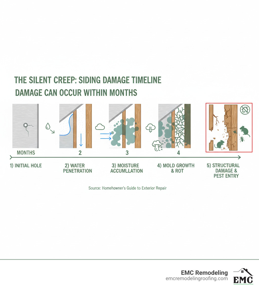 Infographic showing progression from small siding hole to major water damage, including stages: 1) Initial hole formation, 2) Water penetration behind siding, 3) Moisture accumulation, 4) Mold growth and rot, 5) Structural damage and pest entry, with timeline showing damage can occur within months - siding hole repair infographic 