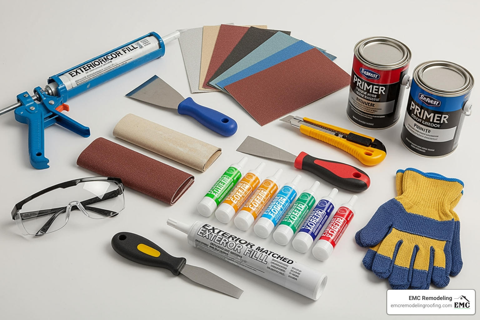 A well-organized toolkit for siding repair, including a caulk gun, putty knife, utility knife, various sandpaper grits, exterior filler, color-matched caulk tubes, primer, paint, safety glasses, and gloves - siding hole repair