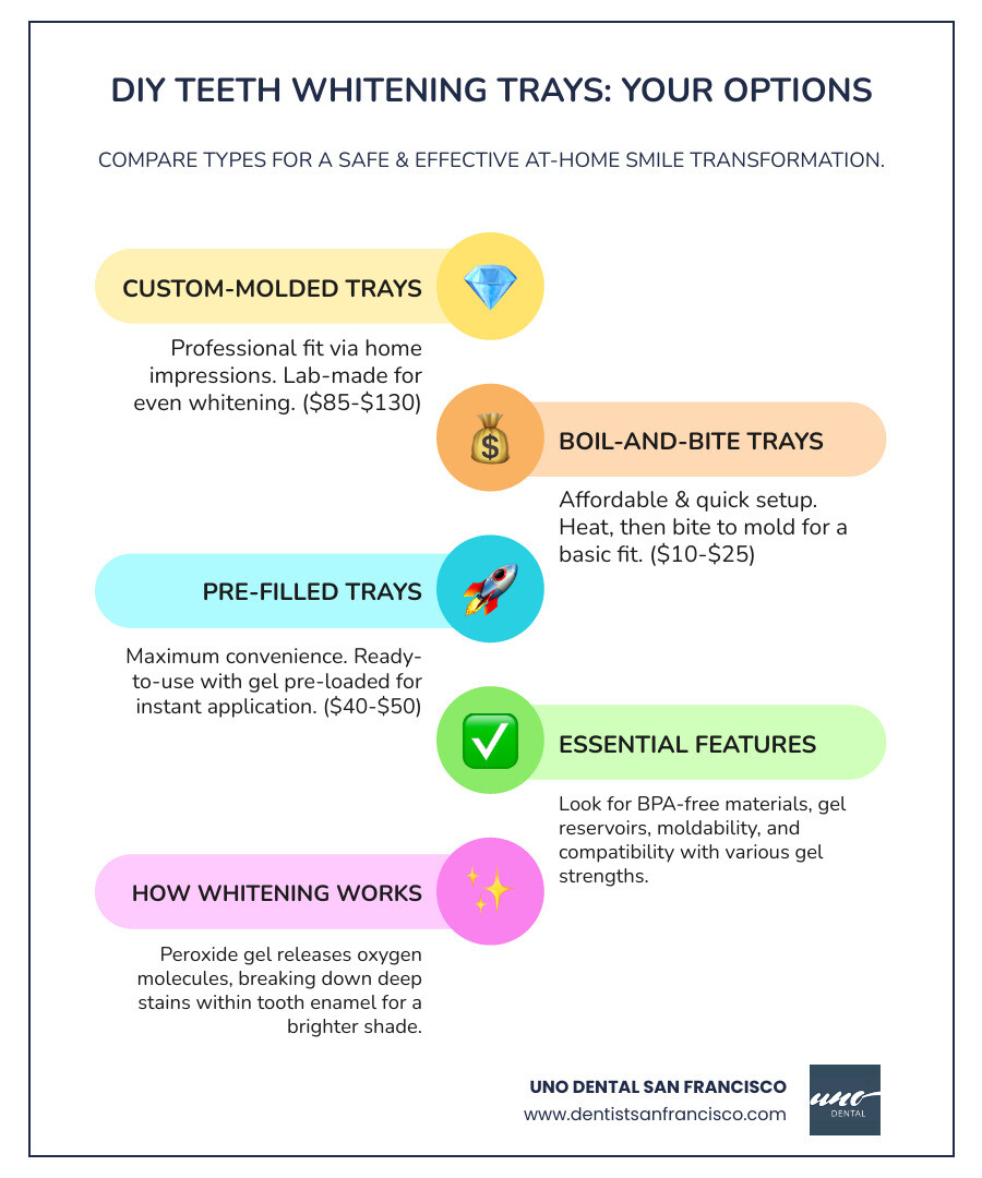 Infographic showing the comparison of custom-molded trays versus boil-and-bite trays, including price points, fitting process, comfort level, and expected results timeline. Shows three tray types side by side with key features like moldability, gel application method, treatment duration (20-60 minutes), and typical whitening timeframe (1-2 weeks). Includes visual representation of how whitening gel sits in reservoirs and contacts tooth enamel to break down stain molecules. - diy teeth bleaching trays infographic infographic-line-5-steps-colors