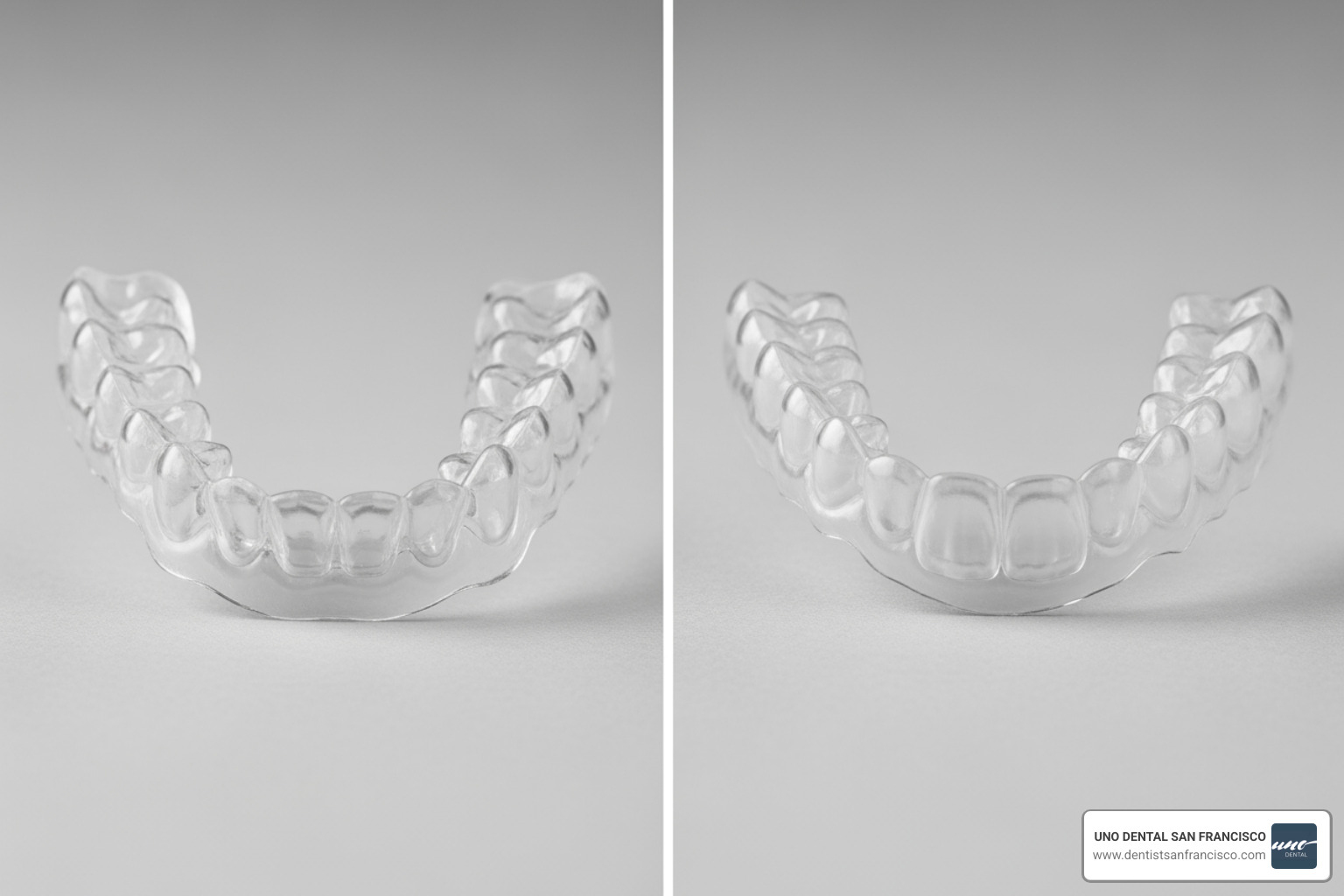 Image comparing a generic tray to a perfectly fitted custom tray from UNO DENTAL SAN FRANCISCO. - diy teeth bleaching trays