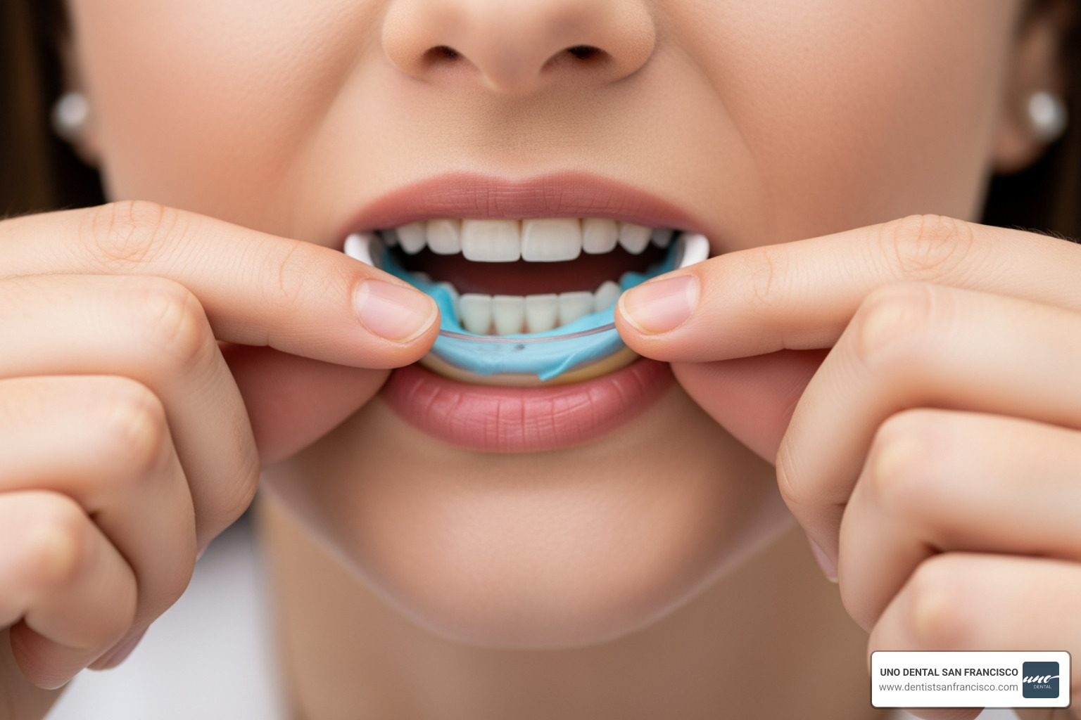 Image of a step-by-step process showing how to use a custom-molded tray from UNO DENTAL SAN FRANCISCO. - diy teeth bleaching trays