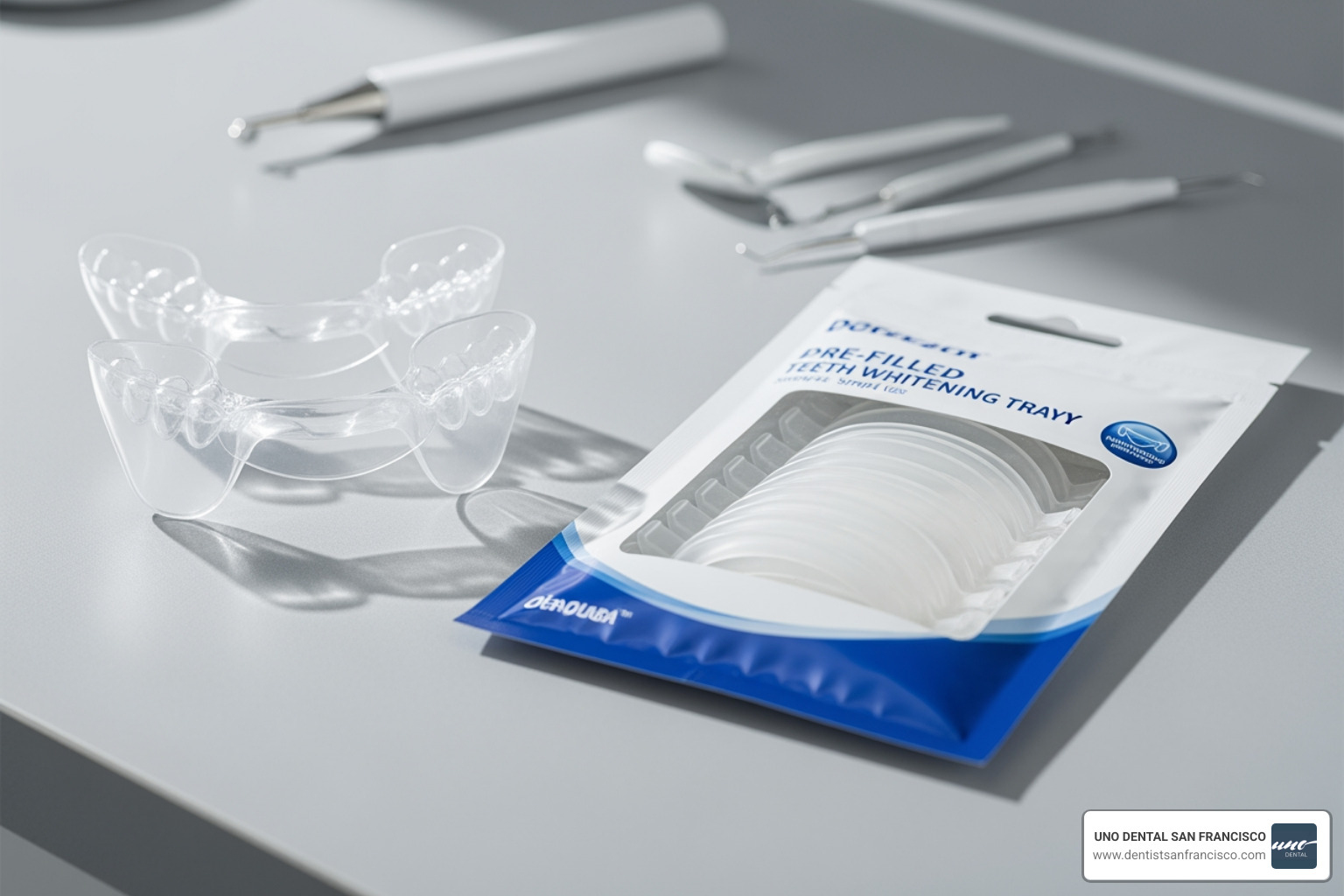 Image of custom-molded whitening trays and pre-filled trays, both available through UNO DENTAL SAN FRANCISCO. - diy teeth bleaching trays