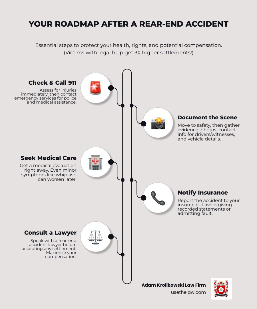 Infographic showing the step-by-step process after a rear-end collision: 1) Check for injuries and call 911, 2) Move to safety and document the scene with photos, 3) Seek immediate medical attention, 4) Report to insurance company, 5) Contact a rear-end accident lawyer before accepting any settlement offers, with statistics showing 42% of crashes are rear-end collisions and represented victims receive 3x higher settlements - rear end accident lawyer infographic infographic-line-5-steps-elegant_beige