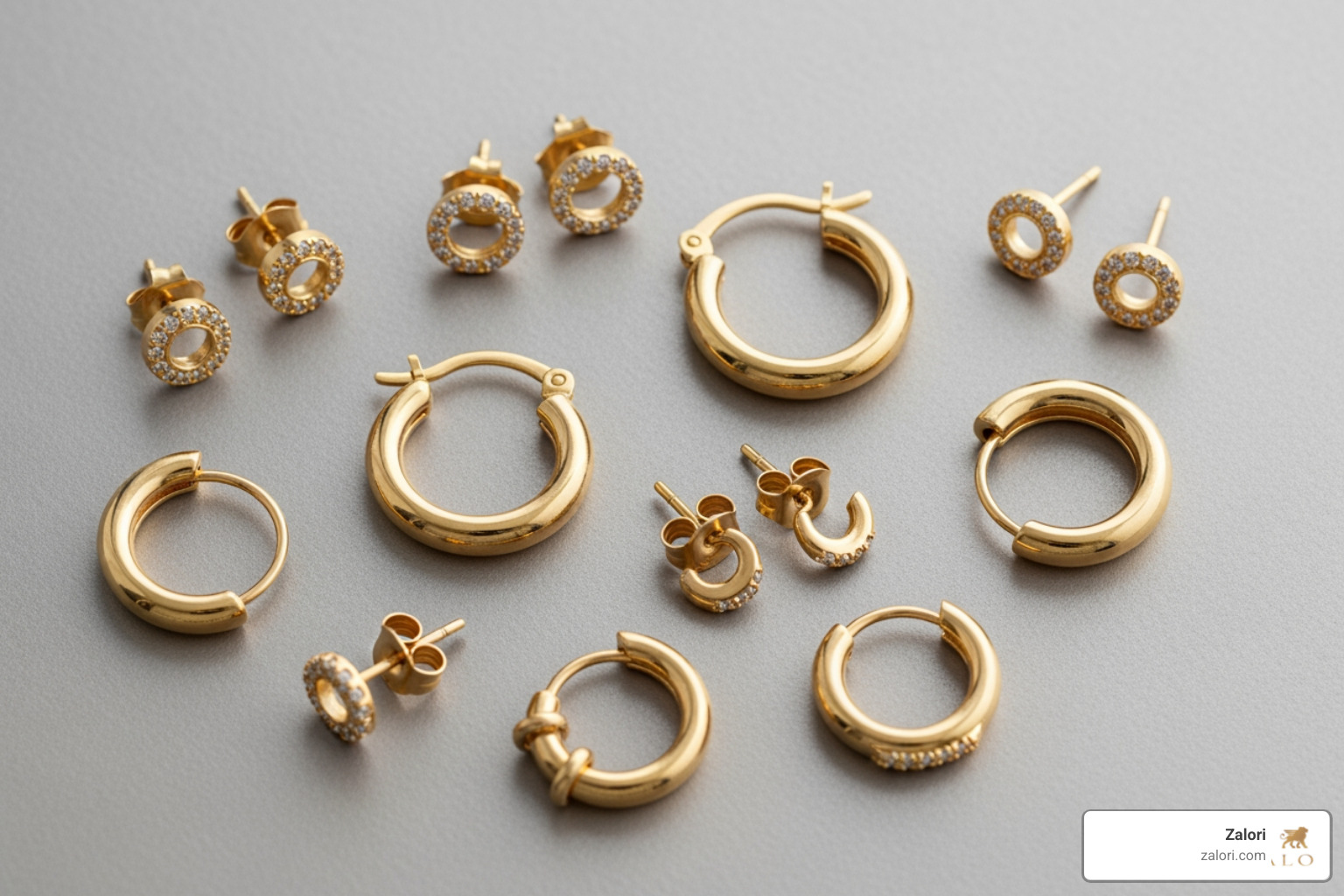 curated flat-lay of different styles of gold earrings like studs, hoops, and huggies - gold hypoallergenic earrings curated flat-lay of different styles of gold earrings like studs, hoops, and huggies - gold hypoallergenic earrings