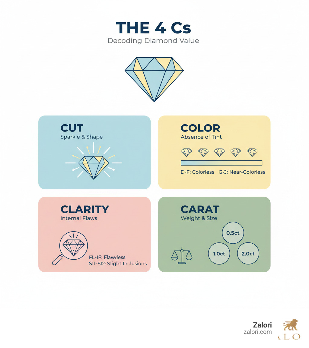 Image of a chart illustrating the diamond 4 Cs: Cut, Color, Clarity, and Carat - Genuine diamond studs infographic Image of a chart illustrating the diamond 4 Cs: Cut, Color, Clarity, and Carat - Genuine diamond studs infographic