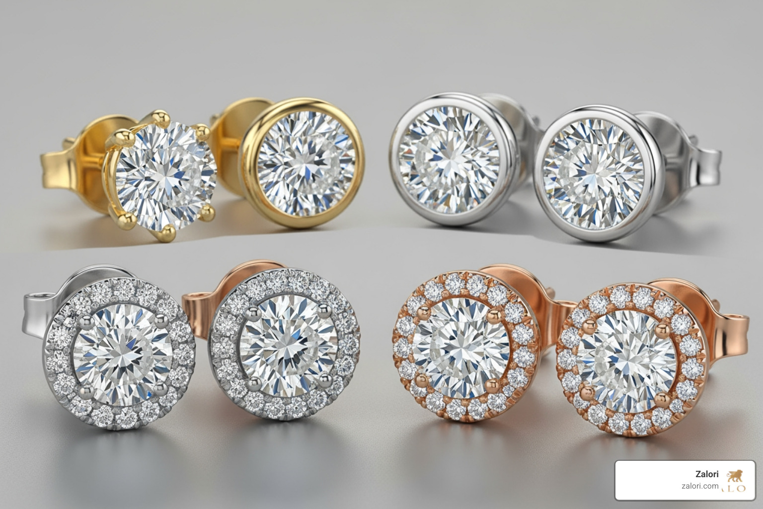 Image showcasing various diamond stud earrings in different settings (prong, bezel, halo) and metals (yellow, white, rose gold) - Genuine diamond studs Image showcasing various diamond stud earrings in different settings (prong, bezel, halo) and metals (yellow, white, rose gold) - Genuine diamond studs