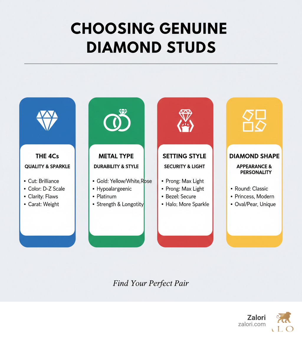 Infographic showing the four key factors in choosing genuine diamond studs: The 4Cs (Cut, Color, Clarity, Carat Weight) determining quality and sparkle; Metal Type options including gold and platinum for durability; Setting Style affecting security and light performance; and Diamond Shape influencing overall appearance and personal style - Genuine diamond studs infographic Infographic showing the four key factors in choosing genuine diamond studs: The 4Cs (Cut, Color, Clarity, Carat Weight) determining quality and sparkle; Metal Type options including gold and platinum for durability; Setting Style affecting security and light performance; and Diamond Shape influencing overall appearance and personal style - Genuine diamond studs infographic