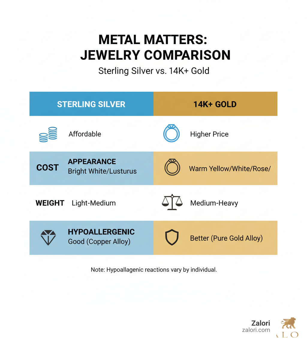 Comparison table of Sterling Silver and 14k+ Gold on cost, appearance, weight, and hypoallergenic level - Sterling silver hypoallergenic infographic 