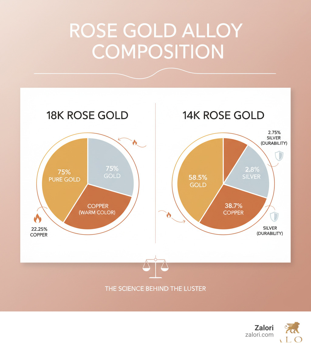 Infographic showing rose gold alloy composition: 75% pure gold, 22.25% copper for warm color, 2.75% silver for durability in 18K rose gold, compared to 58.5% gold, 38.7% copper, 2.8% silver in 14K rose gold - Rose gold pearls infographic Infographic showing rose gold alloy composition: 75% pure gold, 22.25% copper for warm color, 2.75% silver for durability in 18K rose gold, compared to 58.5% gold, 38.7% copper, 2.8% silver in 14K rose gold - Rose gold pearls infographic