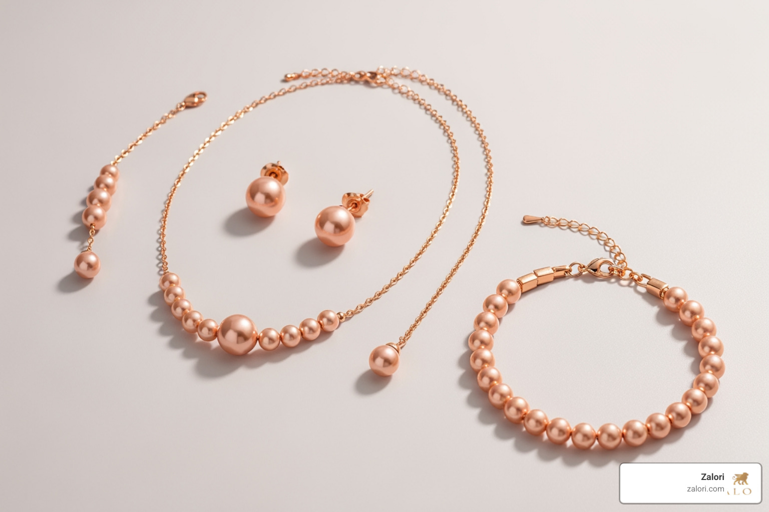 flat lay featuring a rose gold pearl necklace, earrings, and bracelet - Rose gold pearls flat lay featuring a rose gold pearl necklace, earrings, and bracelet - Rose gold pearls