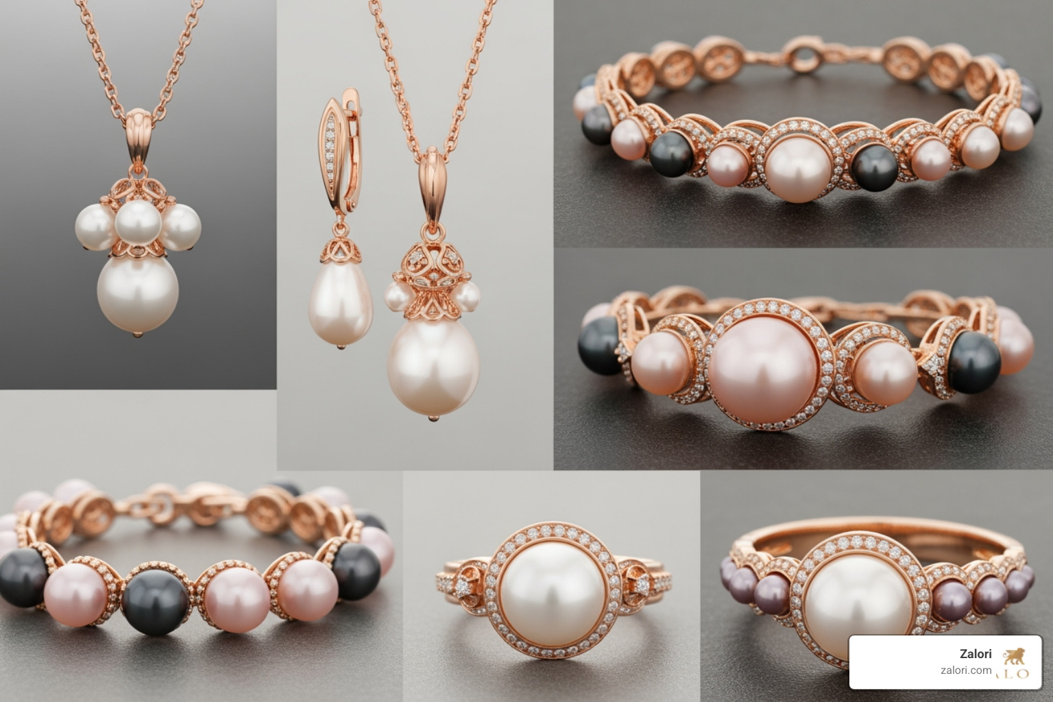 collage showing rose gold settings with white, pink, and black pearls - Rose gold pearls collage showing rose gold settings with white, pink, and black pearls - Rose gold pearls