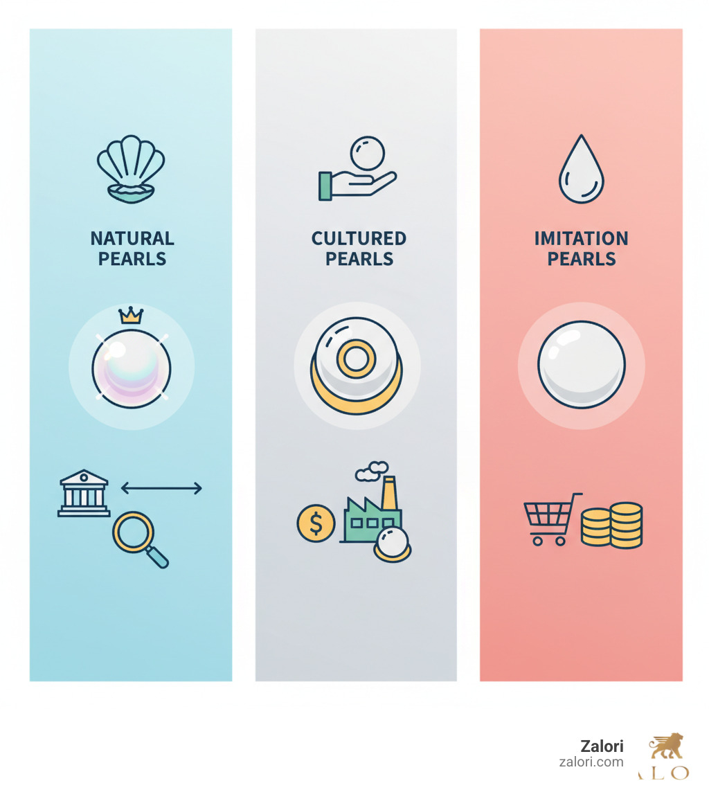 Infographic comparing Natural Pearls (formed by accident in wild mollusks, extremely rare, concentric nacre layers, 100x more valuable, found in museums), Cultured Pearls (formed by inserting bead nucleus, widely available, bead center with nacre coating, affordable luxury, farmed commercially), and Imitation Pearls (coated glass beads, mass-produced, smooth coating over glass, inexpensive, retail jewelry) - natural pearls infographic Infographic comparing Natural Pearls (formed by accident in wild mollusks, extremely rare, concentric nacre layers, 100x more valuable, found in museums), Cultured Pearls (formed by inserting bead nucleus, widely available, bead center with nacre coating, affordable luxury, farmed commercially), and Imitation Pearls (coated glass beads, mass-produced, smooth coating over glass, inexpensive, retail jewelry) - natural pearls infographic