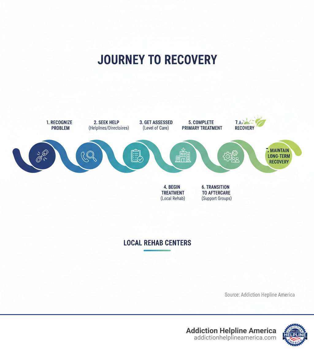 infographic showing the journey from crisis to recovery including steps: recognize the problem, seek help through helplines or directories, get assessed for appropriate level of care, begin treatment at a local rehab center, complete primary treatment, transition to aftercare and support groups, maintain long-term recovery - local rehab centers infographic 