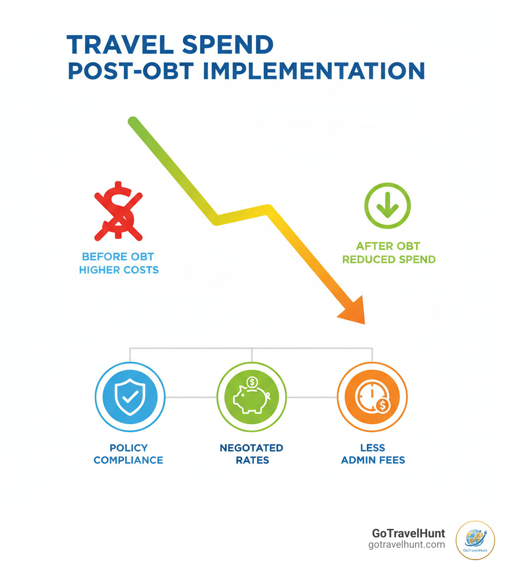 Infographic showing decreasing travel spend after OBT implementation. - corporate online booking tools infographic Infographic showing decreasing travel spend after OBT implementation. - corporate online booking tools infographic