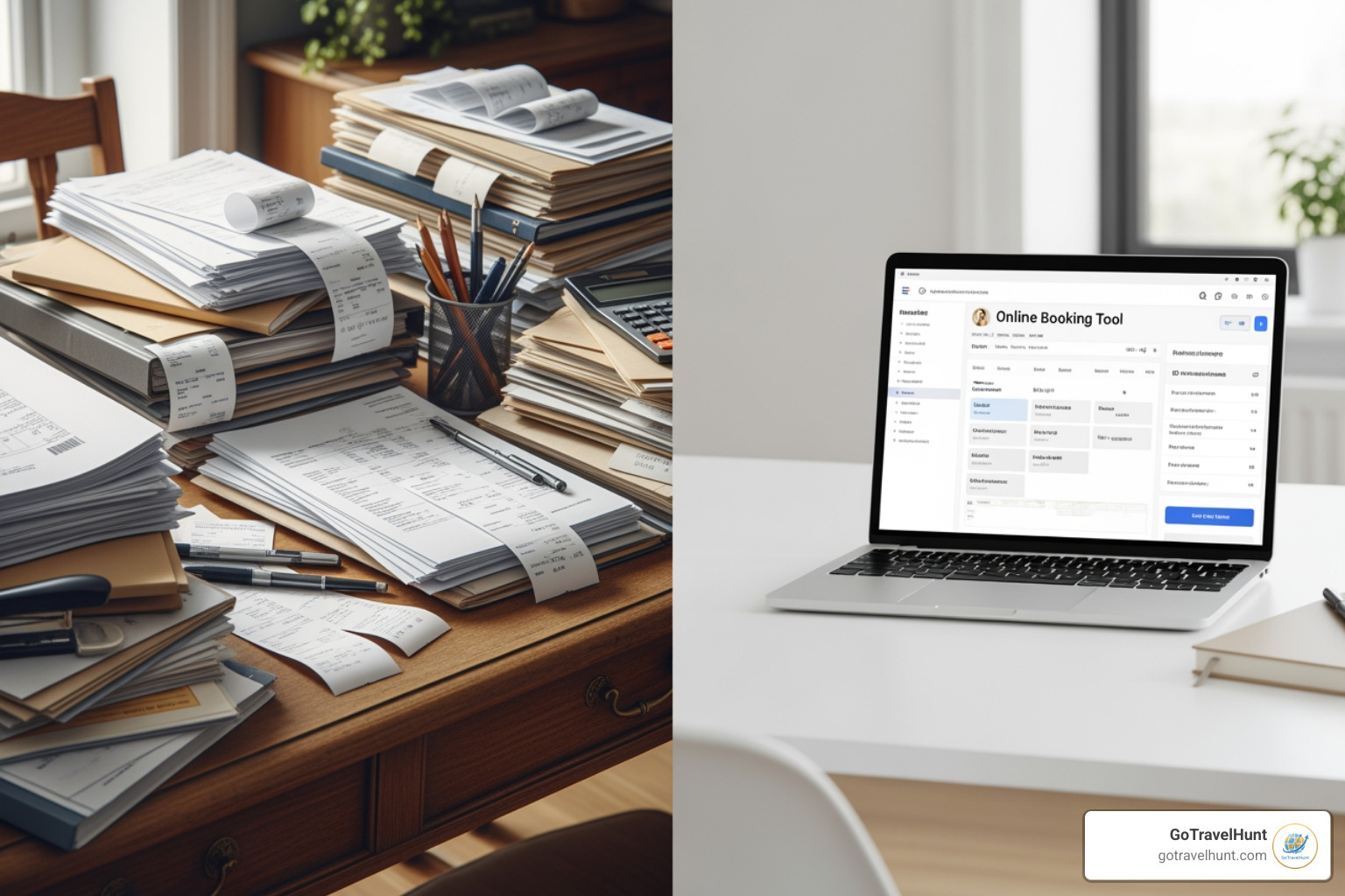 Image of a side-by-side comparison showing a cluttered desk with paper invoices vs. a clean OBT dashboard. - corporate online booking tools Image of a side-by-side comparison showing a cluttered desk with paper invoices vs. a clean OBT dashboard. - corporate online booking tools