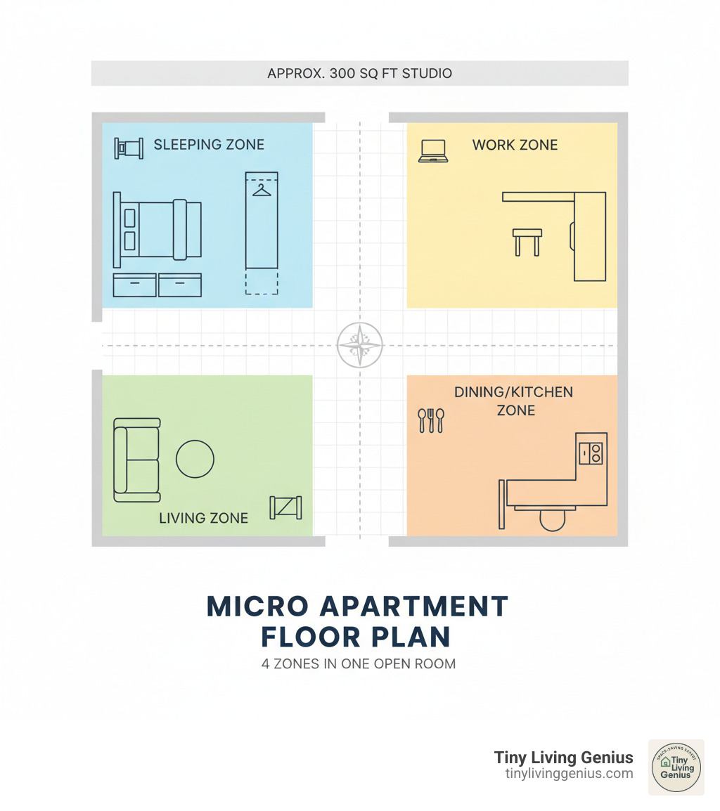 Infographic showing a micro apartment floor plan divided into four distinct zones: sleeping zone with bed and storage, living zone with compact sofa and coffee table, work zone with wall-mounted desk, and dining/kitchen zone with fold-down table, all within a single open room measuring approximately 300 square feet - micro apartment layout infographic 
