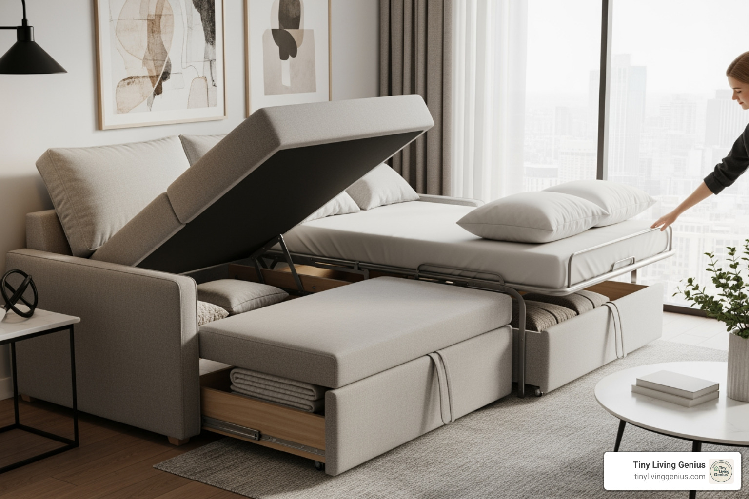 Multi-functional furniture piece, like a sofa that converts into a bed with storage - micro apartment layout