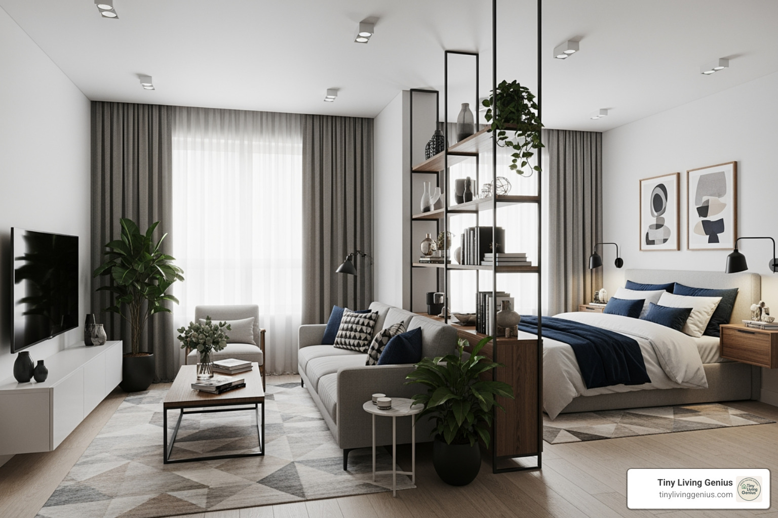 Stylish open-plan studio with a clear living and sleeping area - micro apartment layout