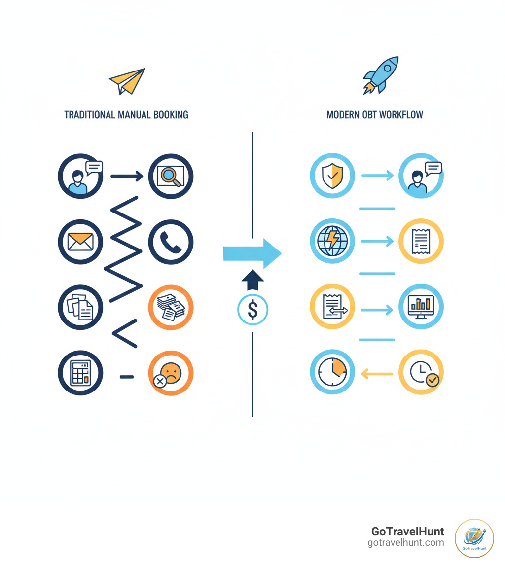 Infographic comparing traditional manual travel booking process (employee request โ email chain โ manual research โ phone calls โ paper receipts โ manual expense reports โ delayed reimbursement) versus modern OBT workflow (employee request โ automated policy check โ instant booking from curated inventory โ automatic invoicing โ integrated expense report โ fast reimbursement) - corporate online booking tools infographic Infographic comparing traditional manual travel booking process (employee request โ email chain โ manual research โ phone calls โ paper receipts โ manual expense reports โ delayed reimbursement) versus modern OBT workflow (employee request โ automated policy check โ instant booking from curated inventory โ automatic invoicing โ integrated expense report โ fast reimbursement) - corporate online booking tools infographic