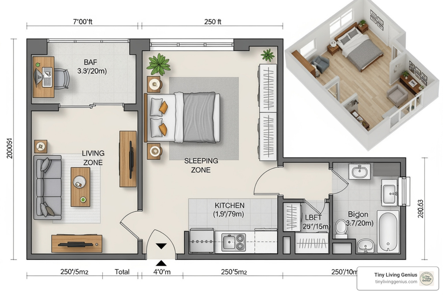 2D floor plan for a micro apartment with 3D rendering - micro apartment layout