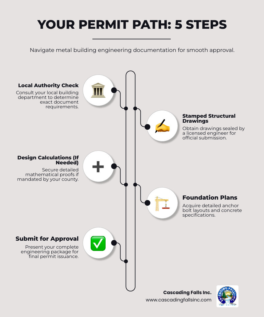 Infographic showing 5 steps: 1. Consult local building authority to determine required documents, 2. Obtain stamped structural drawings from licensed engineer, 3. Get design calculations if required by county, 4. Secure foundation plans with anchor bolt specifications, 5. Submit complete engineering package for permit approval - Metal building engineering plans infographic infographic-line-5-steps-elegant_beige
