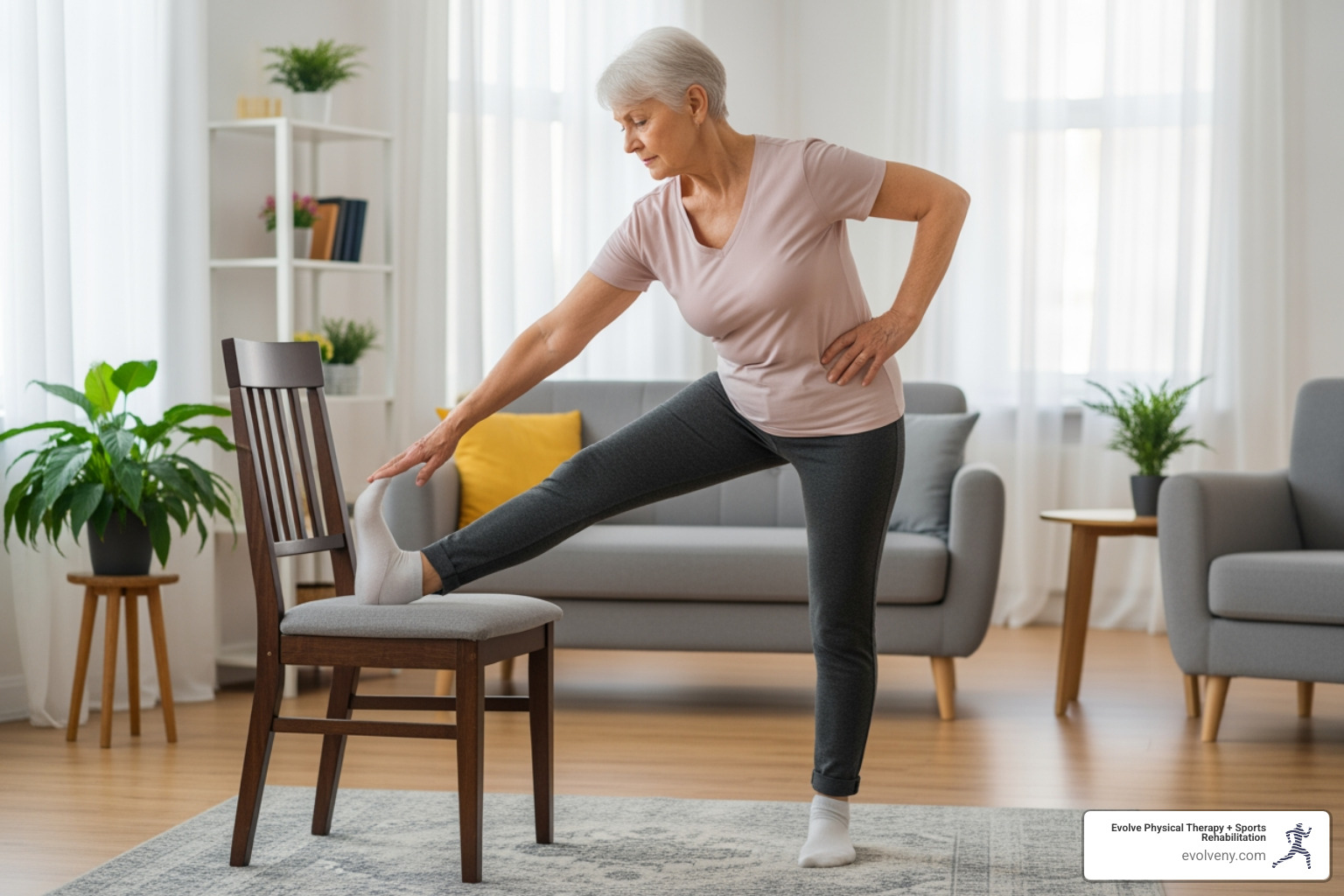 senior using chair for standing quadriceps stretch - gentle stretching for seniors